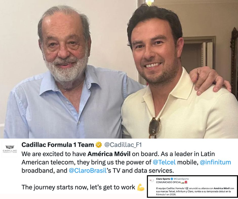 América Móvil se suma al proyecto Cadillac en F1 y acompaña el regreso de Checo Pérez
