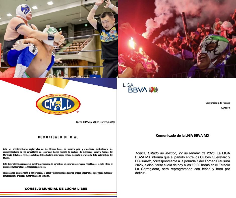 Violencia en Jalisco frena espectáculos y partidos: CMLL cancela en Guadalajara y Liga MX reprograman