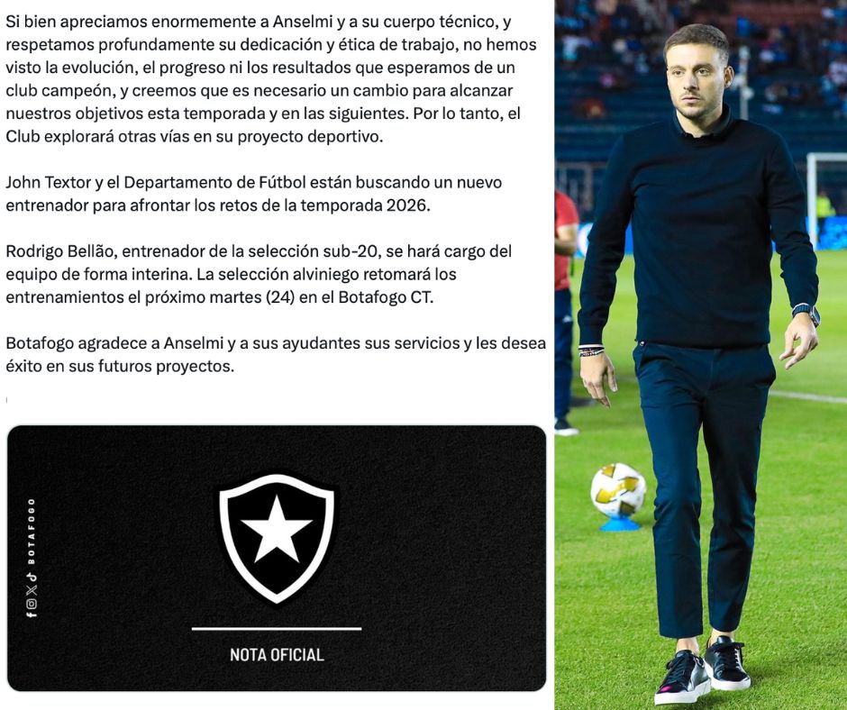 Botafogo corta proceso de Anselmi tras tres meses y designa interino mientras busca relevo