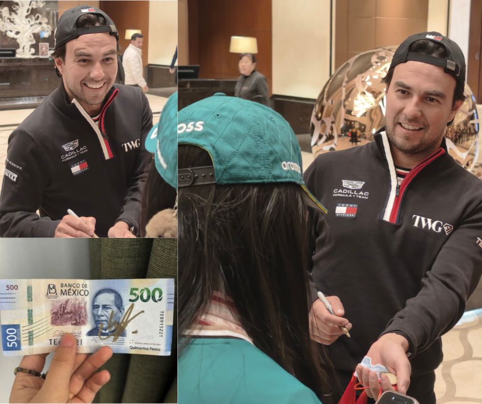 Aficionada china pide autógrafo de Checo Pérez en billete de 500 pesos y le regresa monedas